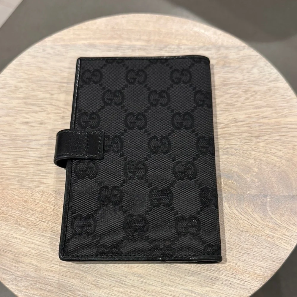 Gucci Pre Owned Black Canvas Monogram Wallet with inside Leather & Trim.
